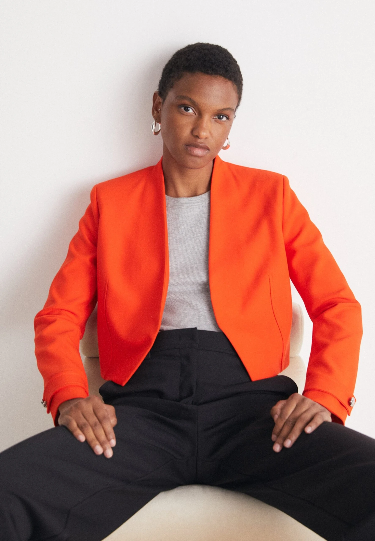 Boss Slim-Fit Cropped Jacket With Collarless Styling - Blazer - Bright Orange 3 Boss Slim-Fit Cropped Jacket With Collarless Styling - Blazer - Bright Orange